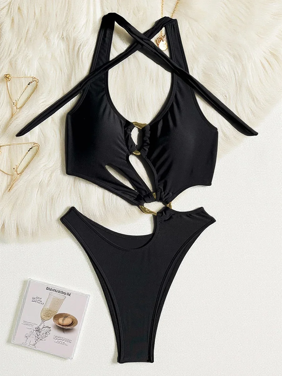 

S - XL Asymmetric Halter Cut Out One Piece Swimsuit Women Swimwear Female Metal Ring High Leg Cut Bather Bathing Suit Swim Lady
