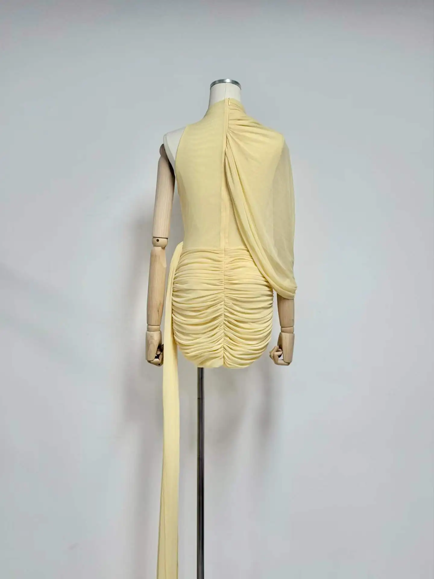 Stylish Modest Ruched Mesh Mini Dress with Draped Train, One Shoulder & High Neck, Perfect for Prom, Parties and Celebrations