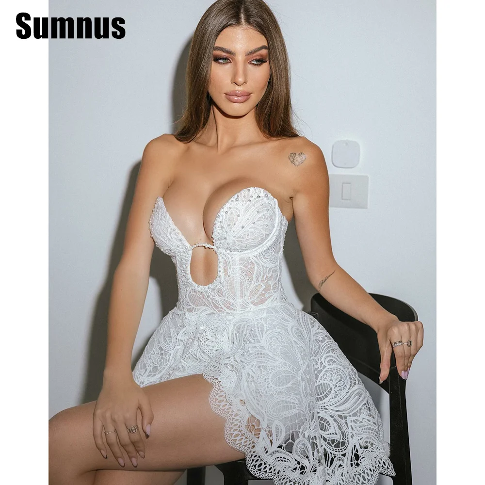 

Sumnus Modest Lace A Line Short Formal Wedding Dresses Sleeveless Sweetheart Bride Bridal Gowns Dress Plus Size Robe de mariage