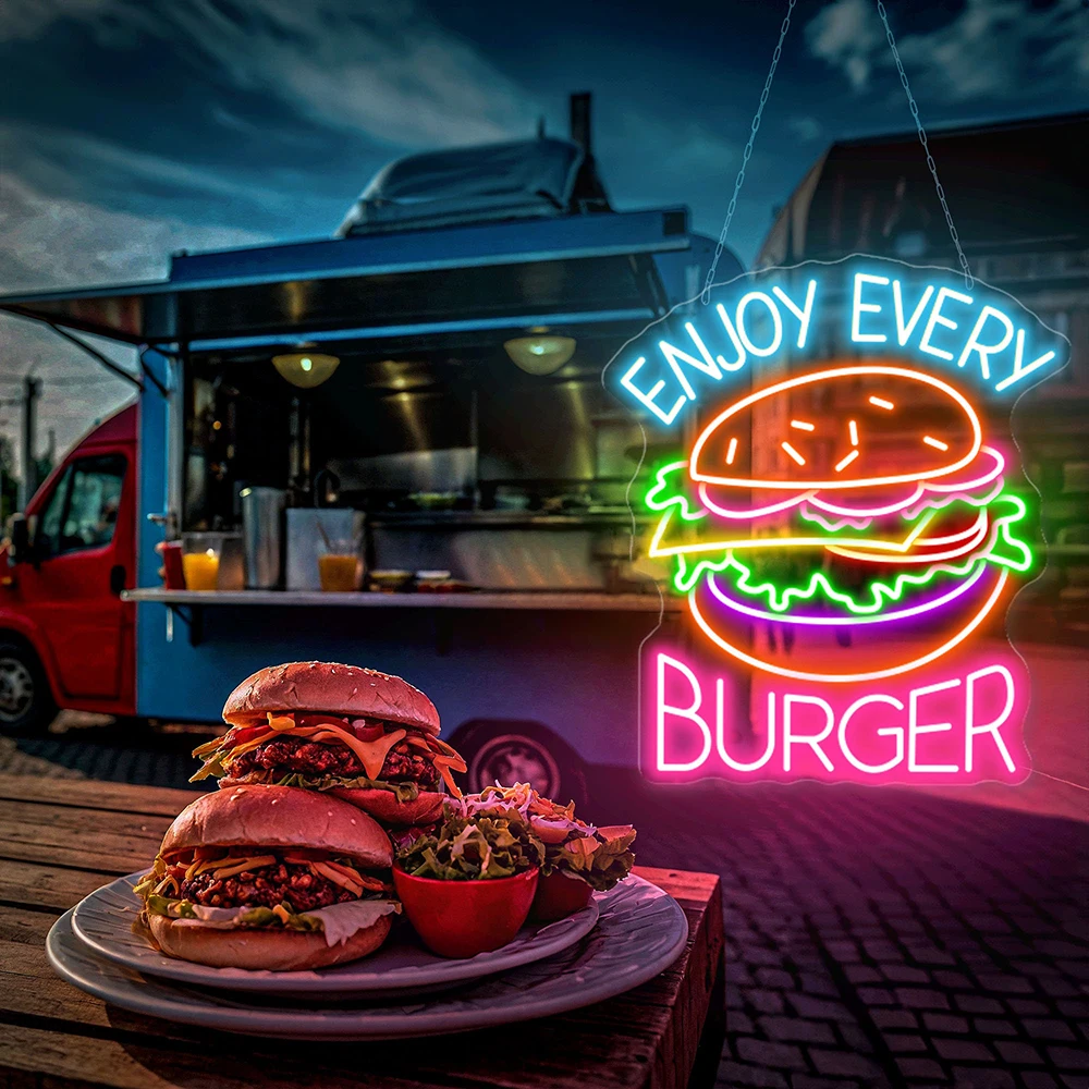 Burger Neon Sign Custom Aproveite cada hambúrguer, LED Neon Light, Restaurante Home Wall Decor, Fast Food, Abertura de Hamburger Bar