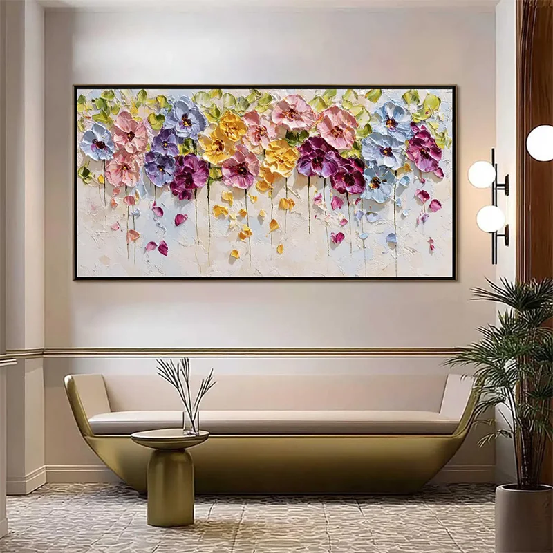 Large Hand Drawn Purple Blue Green Blooming Florals Wall Art Decor For Home Popular Yellow Beige Flowers Oil Painting As Gifts