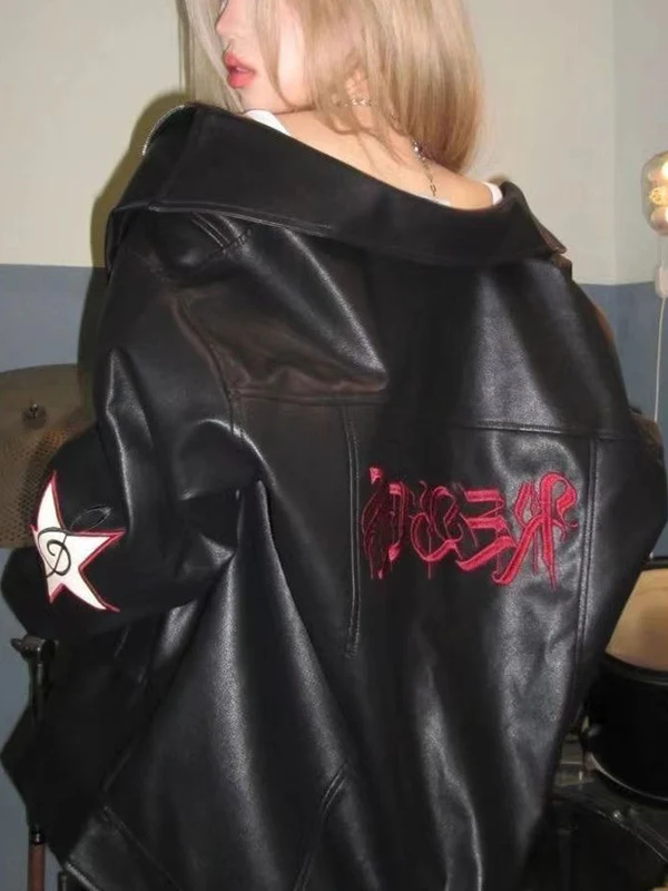 

Retro American Embroidered Thiened Motorcycle Jaet Women's Loose Slimming Outerwear Winter Commute Sle Zipper Closure