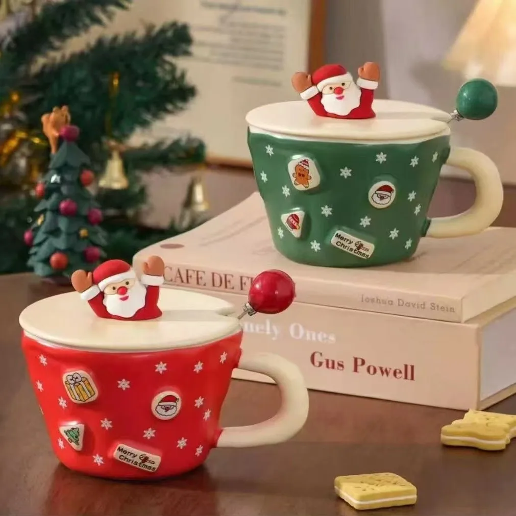 Creative Red and Green Santa Claus Ceramic Coffee Cup Home Breakfast Milk Tea Cup Cartoon Cute Snowman Mug with Lid Office Mug