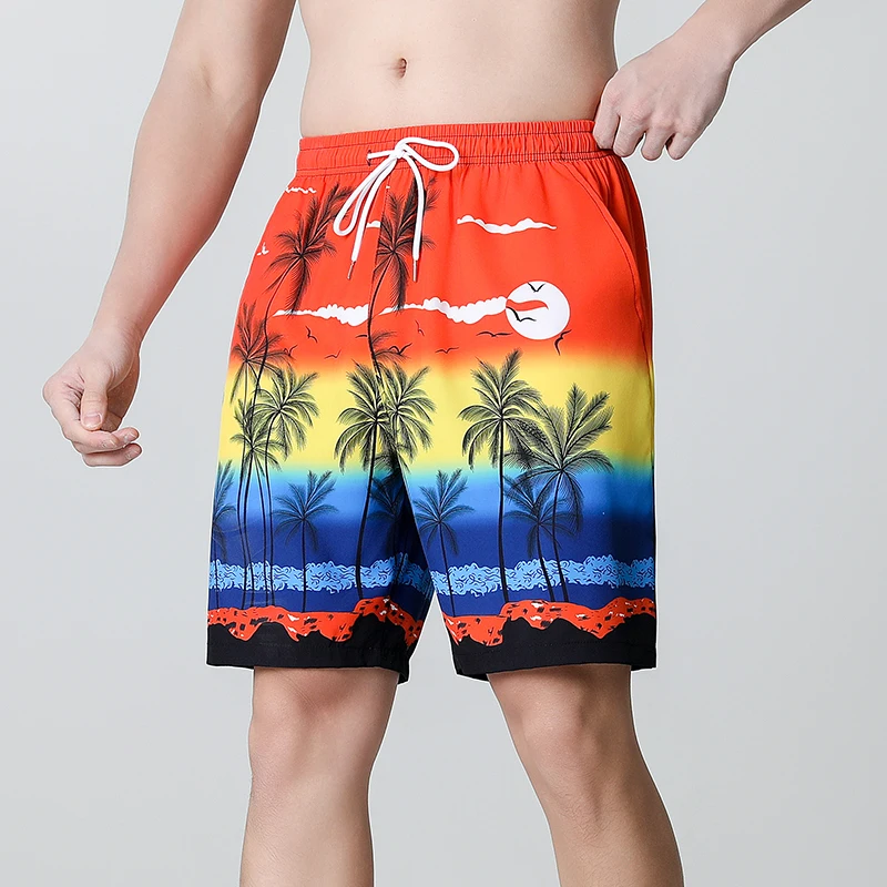 Summer Vacation Men's Palm Tree Print Drawstring Waist Board Shorts Men Fashion Swim Trunks 3D Print Breathable Short Pants Men