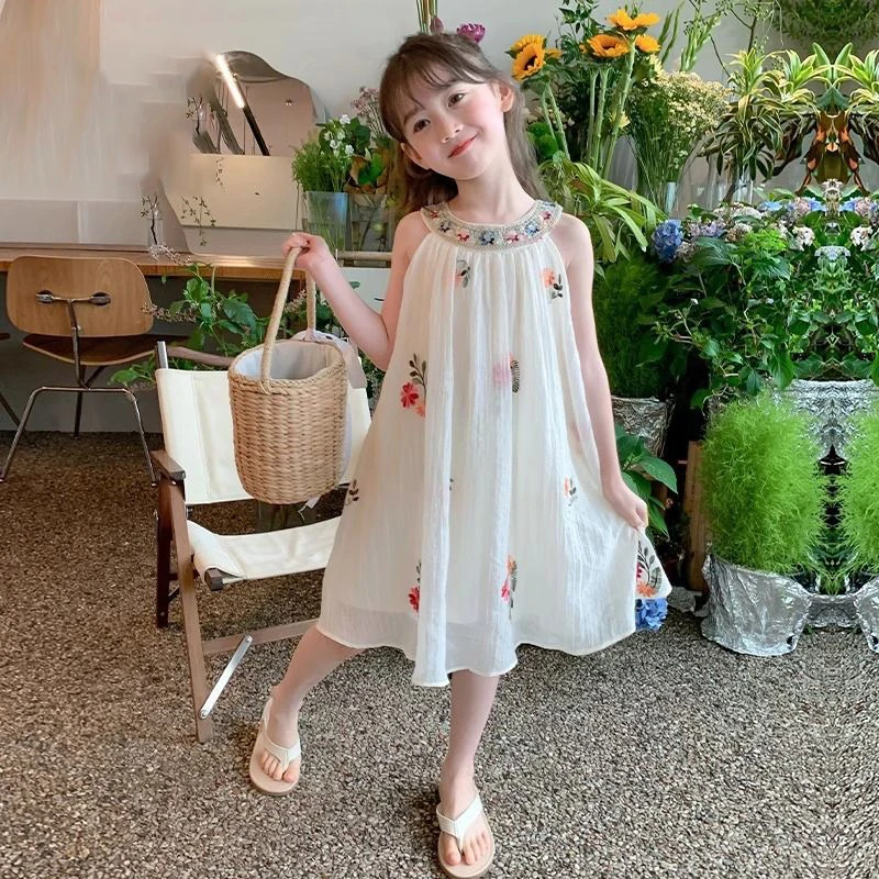 2024 Girls Casual Embroidered Floral Dress Fashion Clothes Princess Dress Kids Dresses for Girls Children Toddler Outwear 2-7Y