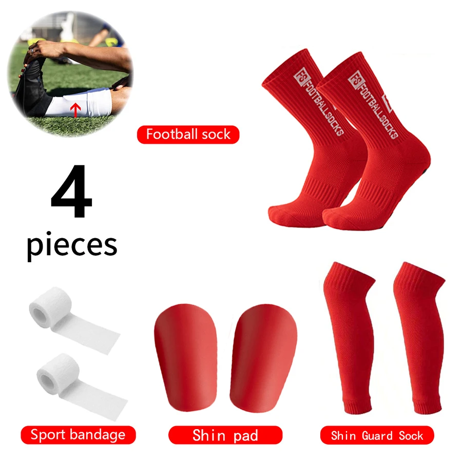 4-teiliges Fußball-Zubehör-Set: Rutschfeste Fußballsocken, Basketballsocken, Schienbeinschoner-Socken, Mini-Schienbeinschützer, Sportbandagen – Detail 3