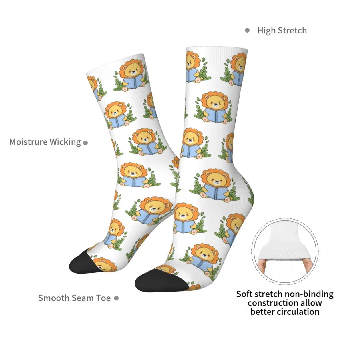 Doodle Of A Lion Reading A Book Socks Harajuku Sweat Absorbing Stockings All Season Long Socks Accessories for Unisex  Present