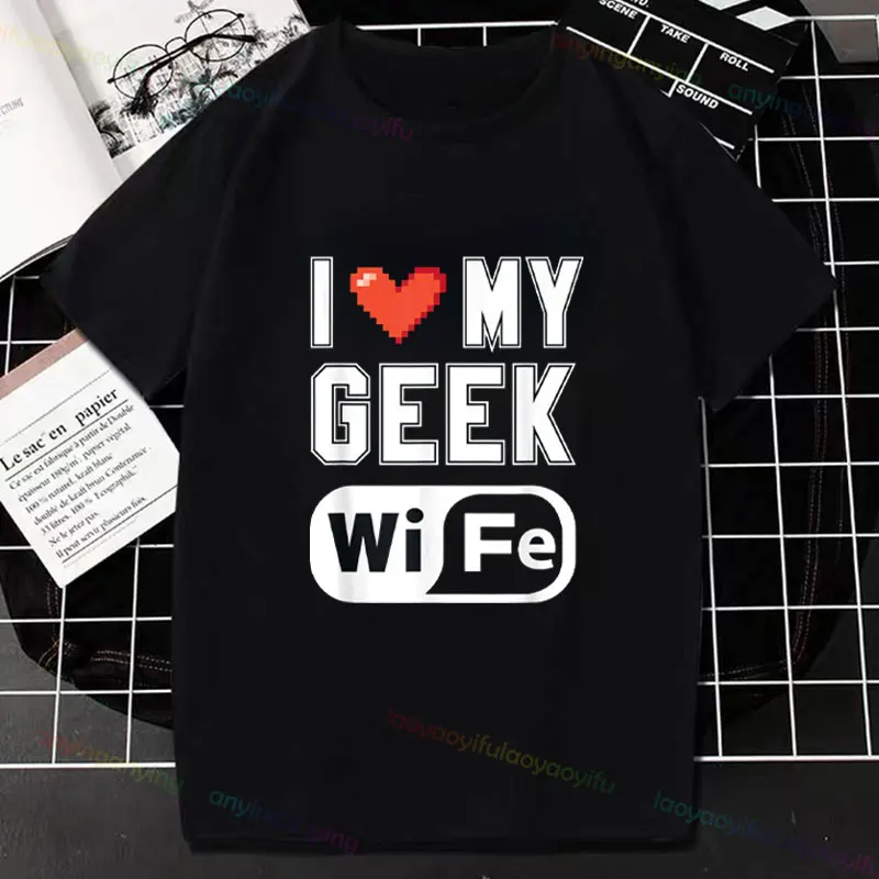 Y2k Top Funny I Love My Geek Wife Husband Shirt Funny Nerd Wifi Unisex Summer Printed T-shirt Tops Short-sleev Graphic Tees