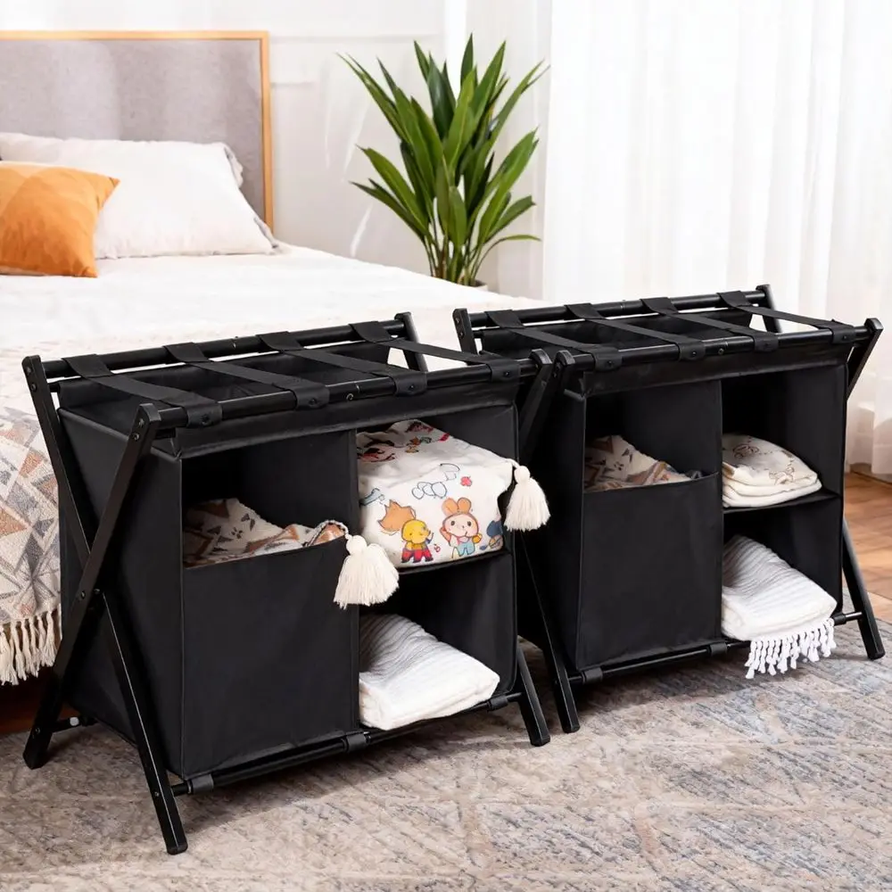 

Lage Rack with Laundry Bag, Pack of 2, Steel Folding Suitcase Stand with Storage Shelf for Bedroom, Hotel, Foldable Steel, Black