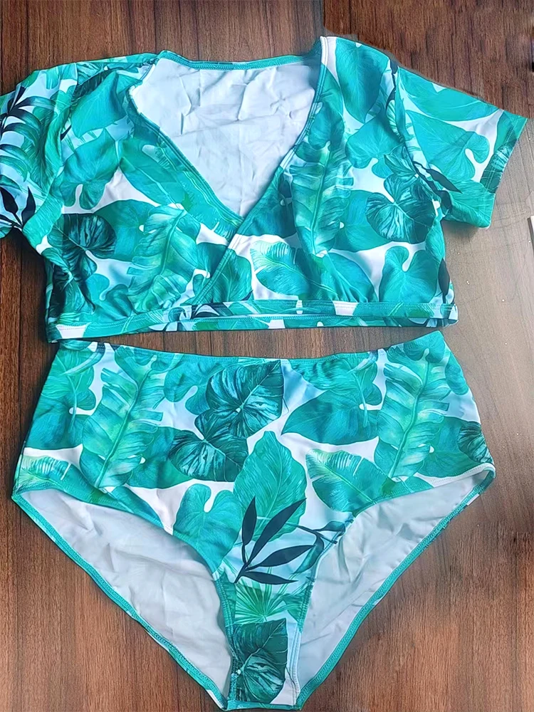 Maiô feminino estampado verde de três peças, biquíni sexy de cintura alta, roupa grande, conjunto de praia boêmia, moda plus size, 2023