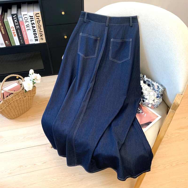 

High Waist A-Line Skirt Women's Summer Slimming Midi Skirt Denim Thin Blue Color Simple Sle Polyester Fiber