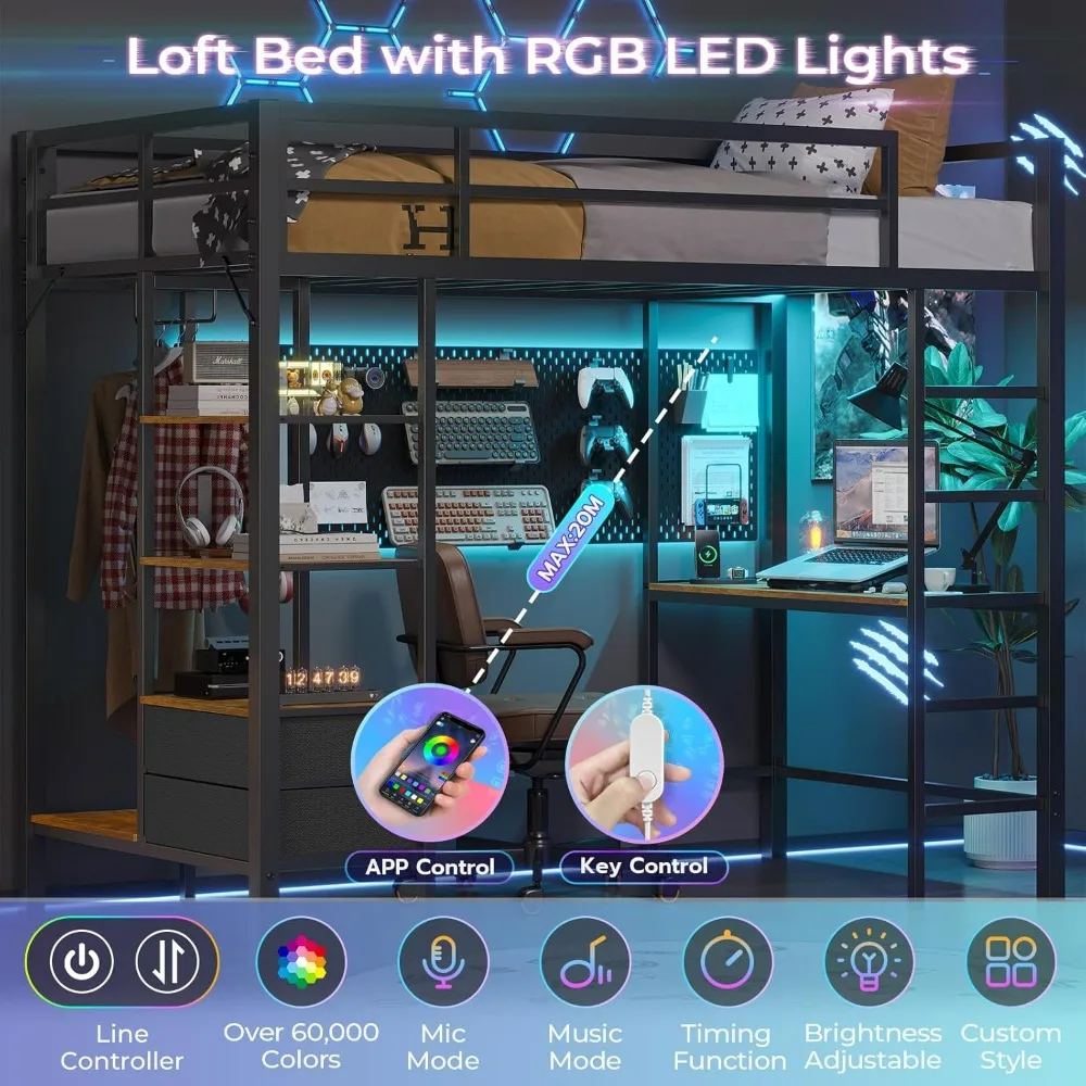 Loft Bed, with Desk and Charging Station Metal Loft Bed with Led Lights, Bed Frame with Clothes Rail, Safety Guard & Ladder, Bed