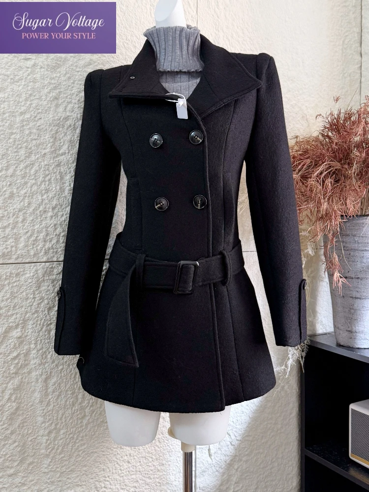 

French Fashion Elegant Black Wool Coat Women Autumn Winter Vintage Double Breasted Belted Long Jacket Slim Fit Lapel Overcoat