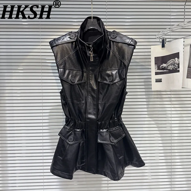 

HKSH 2026 Spring New Women Waistcoat PU Leather Stand Collar Zipper Multi-pocket Waist Cinching Dark Punk Y2K Streetwear HK18794
