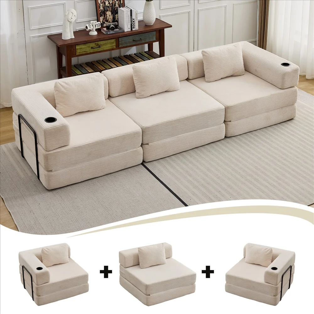 Cord-Modulsofa Frei Kombinierbare Wandelbare Eckcouch mit Getränkehaltern Übergroße Chaiselongue für Wohnzimmer – Detail 14
