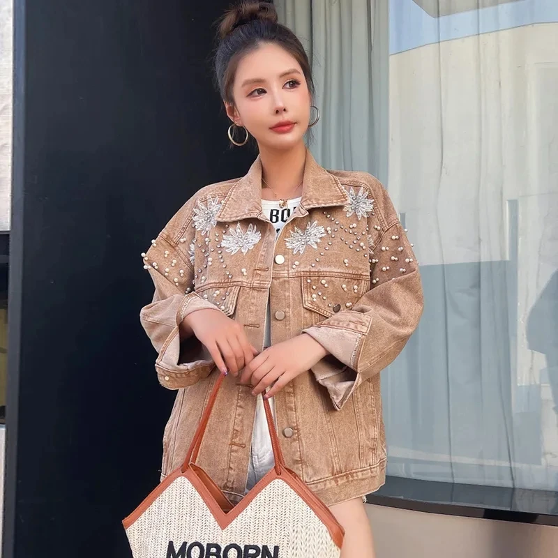 Veste en jean perlée pour femme, ample, surdimensionnée, Y2K, Vintage, Streetwear, manteau décontracté, mode Chic, nouvelle collection printemps automne 2025