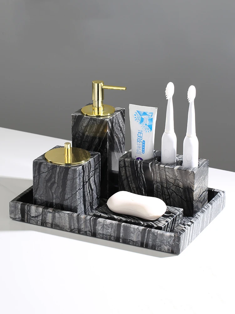 Tree Black Natural Marble Set for Bathroom Luxury Cotton Swabs Container Soap Dispenser Soap Dish Tray Bathroom Accessories