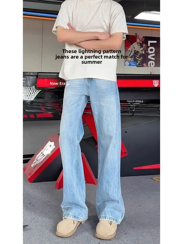 

Blue Lightning Pattern Flared Jeans Men's Summer CleanFit Waed Knife Straight Leg American High Street Jeans Youth Trendy