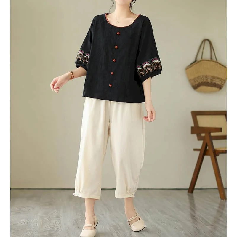 Literary Pants Sets Vintage Embroidery Half Sleeve O-neck Tops and Harem Pants Summer Korean Style Two Piece Sets Women Outfits