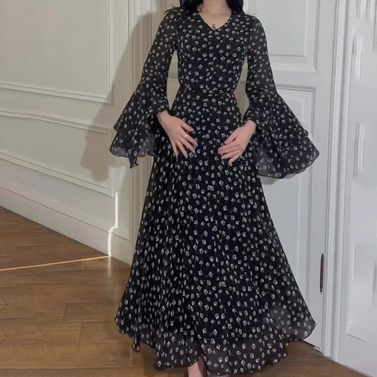 Muslim Women Irregular Chiffon Polka Dot Lotus Leaf Sleeves Dress Gown Boho Elegant Party Dress Robe Abaya