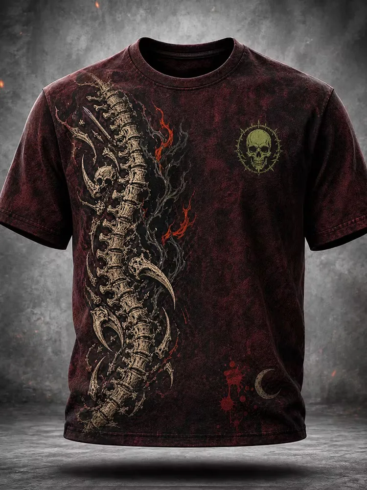 Camiseta Vintage para Hombre con Estampado 3D de Calavera y Columna Vertebral para Halloween, Color Rojo Oscuro Tie-Dye, Gráfico Gótico de Llamas, Manga Corta, para Fiestas