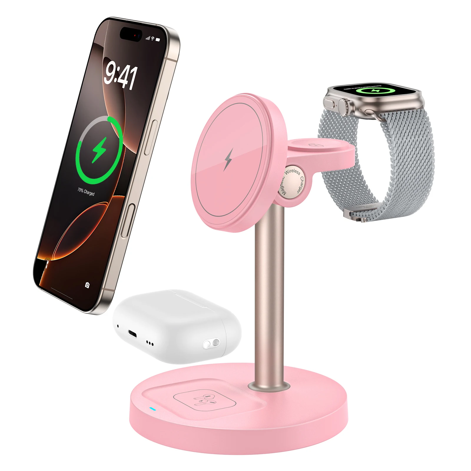 15 W schneller kabelloser Ladeständer, 3-in-1 magnetisches kabelloses Ladegerät für iPhone 12–16-Serie, iWatch und AirPods, einstellbarer Winkel