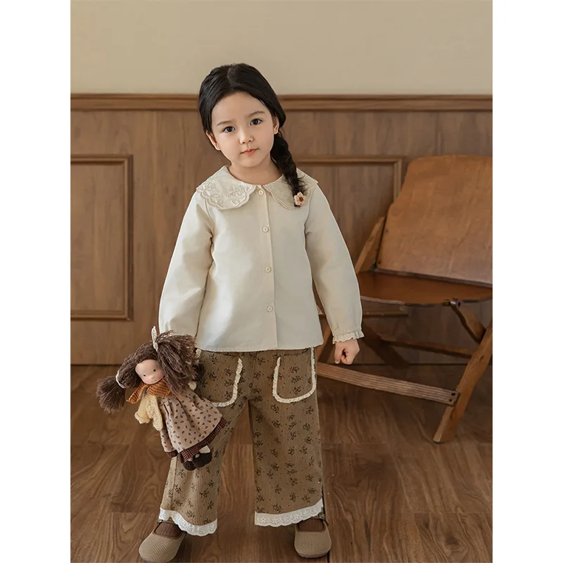 

Girls Fashion Lace Collar Shirt 2024 Autumn New Children's Korean Long Sleeve Shirt Baby Top Casual Solid