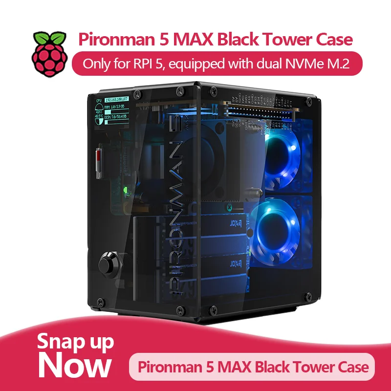 

Pironman 5 MAX, корпус Black Tower для Raspberry Pi 5, оснащенный двумя NVMe M.2 с программируемой RGB-подсветкой и охладителями с двумя вентиляторами
