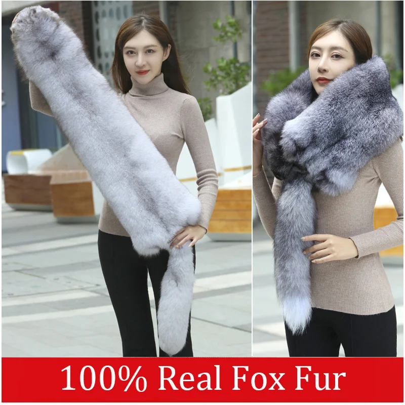 Unisex Real Fur Fox Scarf Men Woman Winter Warm Natural Fur Shawl Soft Headscarf Super Big Gray Silver Fox Scarf Fur Scarves