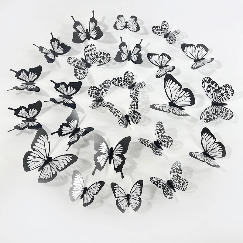 24pcs 3D Black And White Texture Butterfly Wall Stickers living Room Creative Decorative Self-adhesive Wall Stickers Home Decor