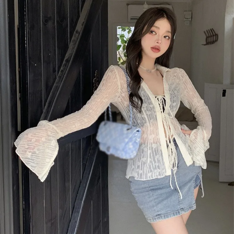 Women\'s Lace Blouse V-neck Mesh See-through Chiffon Sunscreen Cardigan Tops Summer Waist Tie Flared Sleeve Shirt Jacket