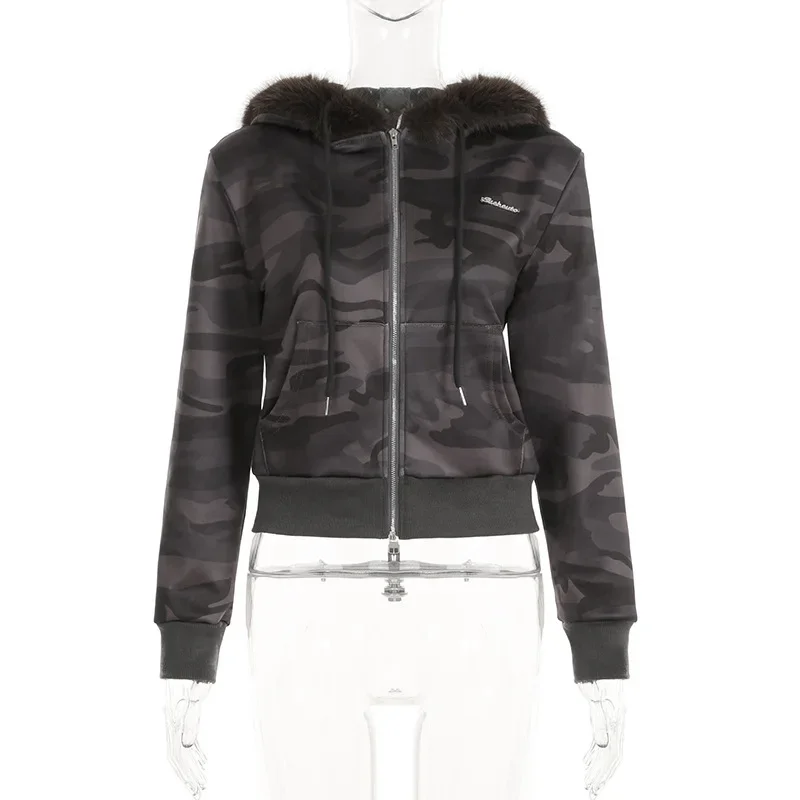 Goth Dark Streetwear Hoodies Faux Fur Collar Double Zip Hooded Coats Women Casual Pocket Gothic Jackets Y2K Grunge Fall cardigan