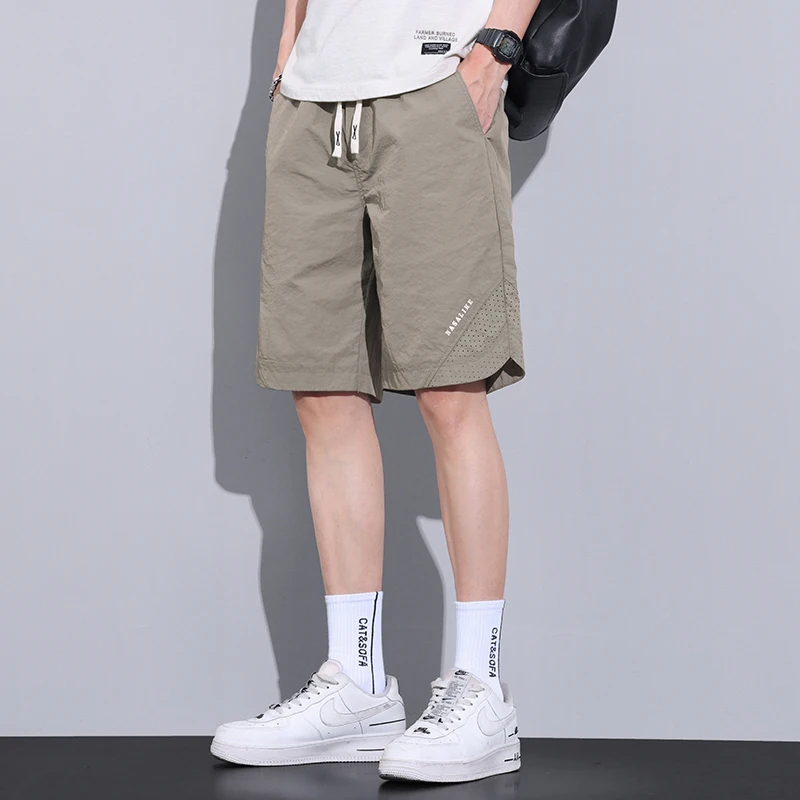 Fashion Elastic Spliced Printing Letter Casual Shorts Men\'s Clothing 2024 Summer New Loose Solid Color All-match Knee Shorts