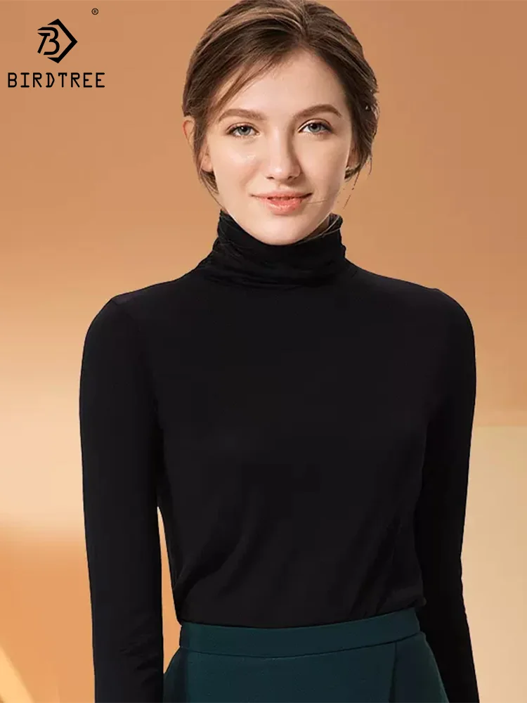 

BirdTree 100%Real Silk Knit T-shirt for Women, Solid Turtleneck, Skin Friendly Bsic Top, 2024 Spring New Undershirt T42236QM