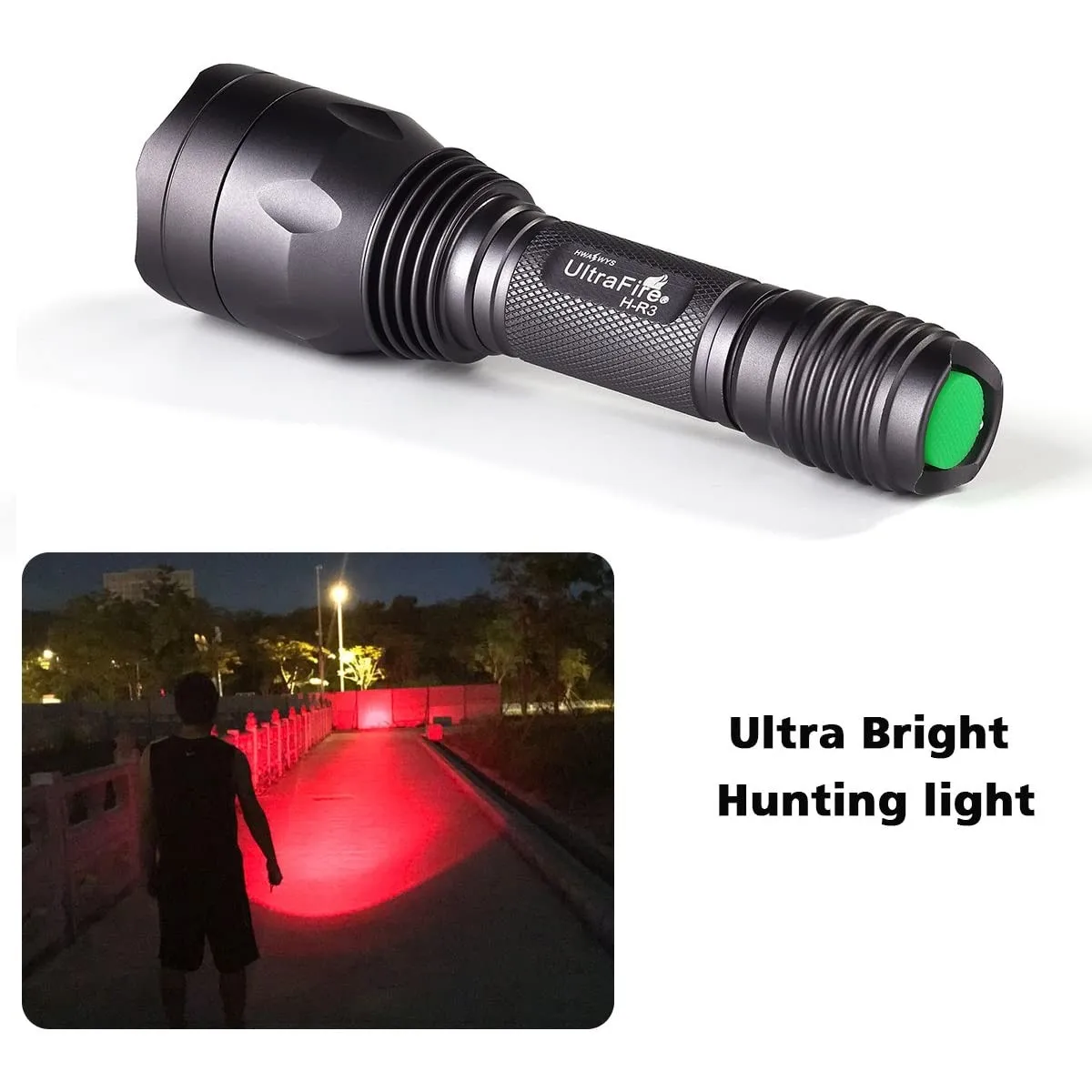 UltraFire H-R3 Red Hunting Flashlight 650LM 256 Yards Single Mode Tactical LED Torch Night Predator Light for Hog Coyote Varmint