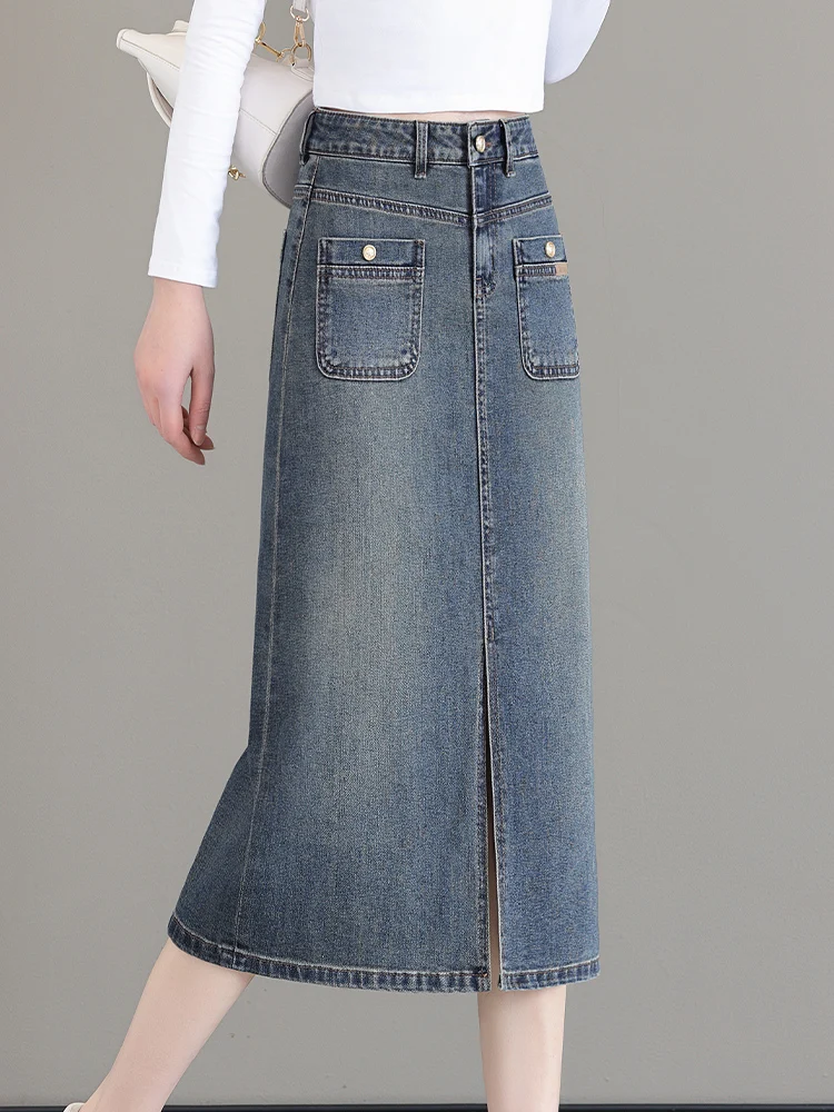 

Юбка А-силуэта с высокой талией, женская джинсовая юбка-карандаш, новая модель весна-осень, винтажная, средней длины, на молнии, повседневная