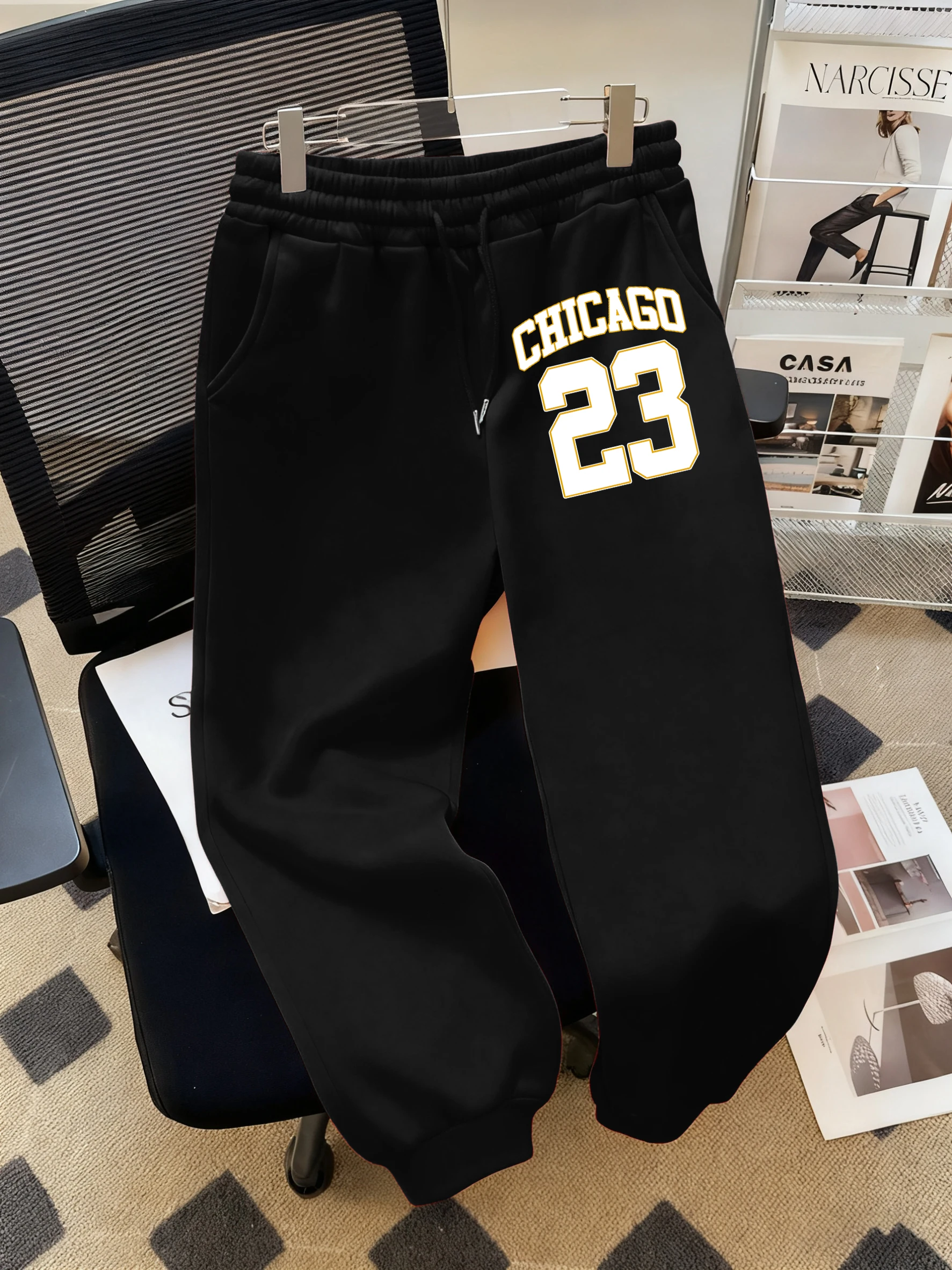 شيكاغو عدد 23 طباعة المرأة الشارع مرونة الخصر Sweatpants الشتاء الخريف جيب سراويل للجري عادية الصوف بنطلون للجنسين