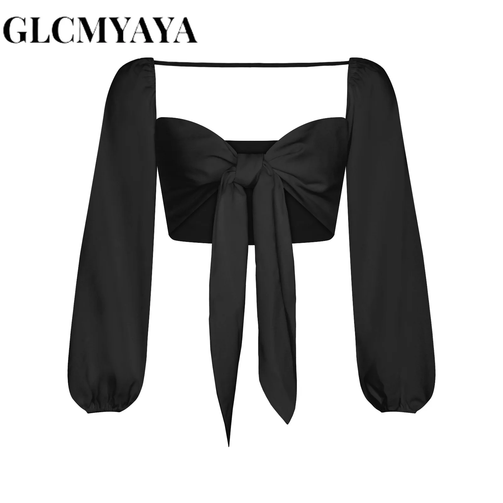 GLCMYAYA Women Square Collar Bandage Folds Open Stitch Solid Long Sleeve Crop Tops 2023 Spliced Lantern Sleeve Women Blouse