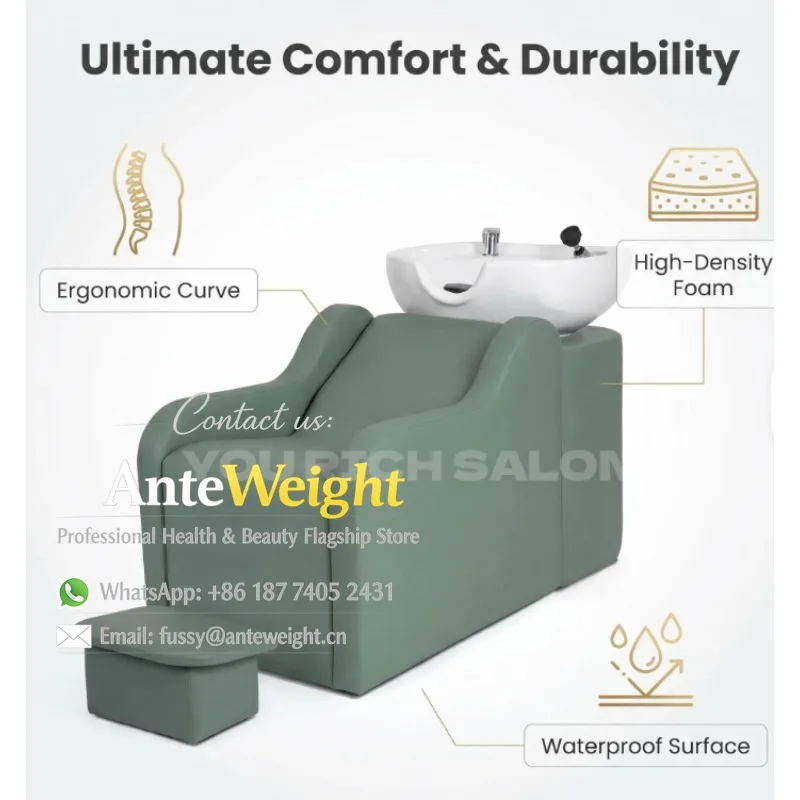 Ceramic Basin Salon Shampoo Chair, Hair Wash Sink with Foot Stand for Barber Shop | Professional Salon Reclining Rinse Chair