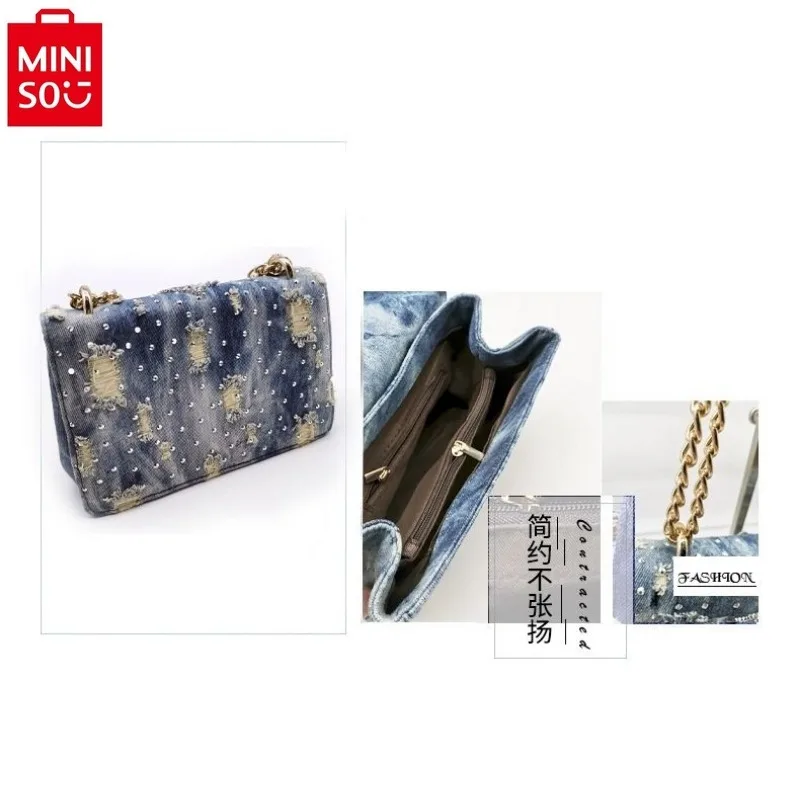 MINISO Disney Vintage Denim Trendy Chain Crossbody Bag Women\'s High Quality Mickey Minnie Printed Sweet Storage Small Square Bag