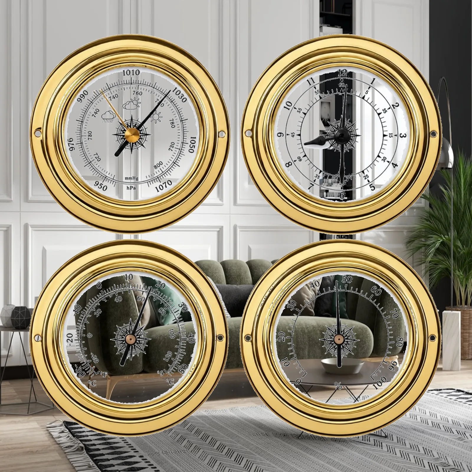 Classic Round Barometer Clock Combo Set 4 Weather Instruments Gold Tone Metal Body Easy Read Dial for House Boat Workshop