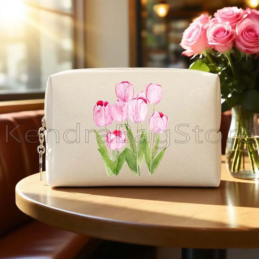Gelb Rosa Kosmos Rosen Tulpen Gänseblümchen Mohn Blumen Hyazinthe Geschenke PU Reise Kosmetiktaschen Make-up Fall Wasserdichte Aufbewahrungstaschen