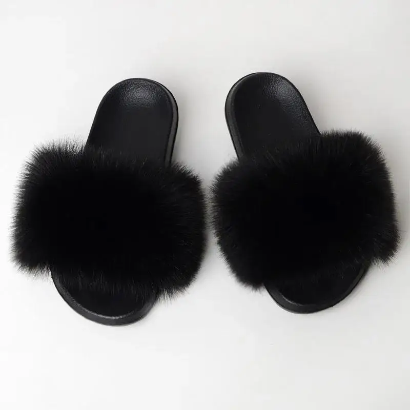 Monochrome Solid Color Imitation Fox Fur Slippers Women Summer Fashion Simple Indoor Non-Slip Fluffy Fox Fur Sandals