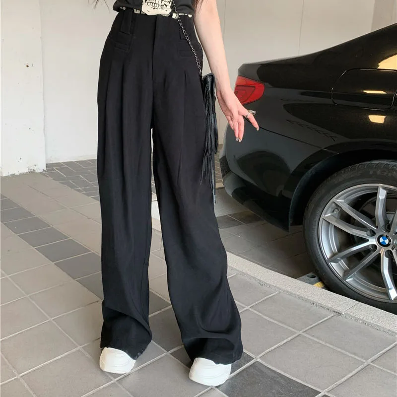 Korean Simplicity Women\'s Solid Color High Waist Trousers Summer All-match Folds Spliced Loose Wide Leg Pants Female Clothing