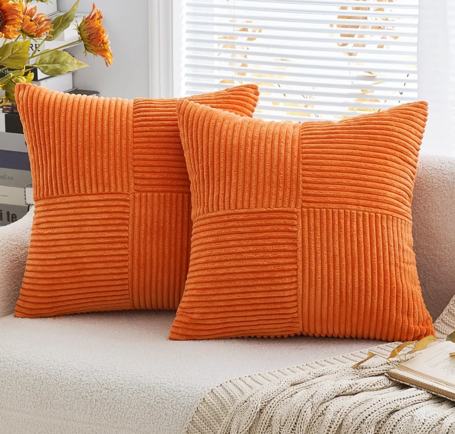 Spliced Corduroy Cushion Cover Stripe Throw Pillow Cover Solid Color 18x18 Inch Pillowcase for Sofa Living Room Home Decor