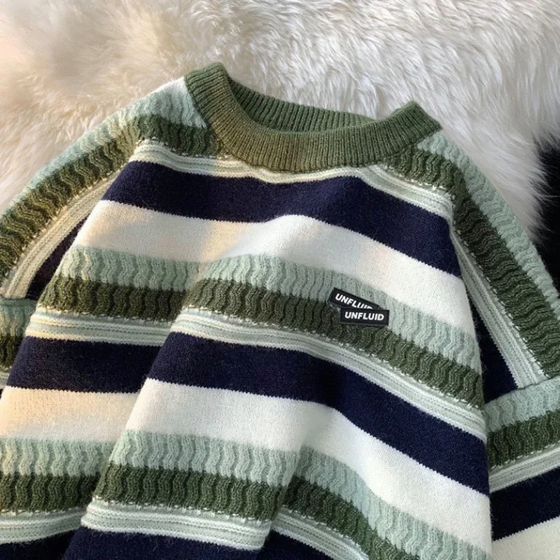 Autumn Winter Men's Casual Loose Sweater Couple Striped Loose Knitted Pullovers Young Men Fashion O-Neck Warm Outwear Sweaters