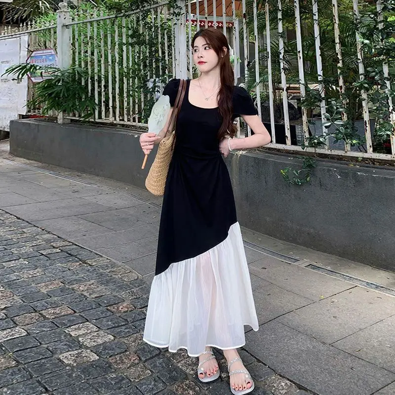 plus Size French Style Short Sleeve Dress Women's Waist Cinching Slimming Patchwork Midi Skirt for Slightly Plump MM Hepburn ...