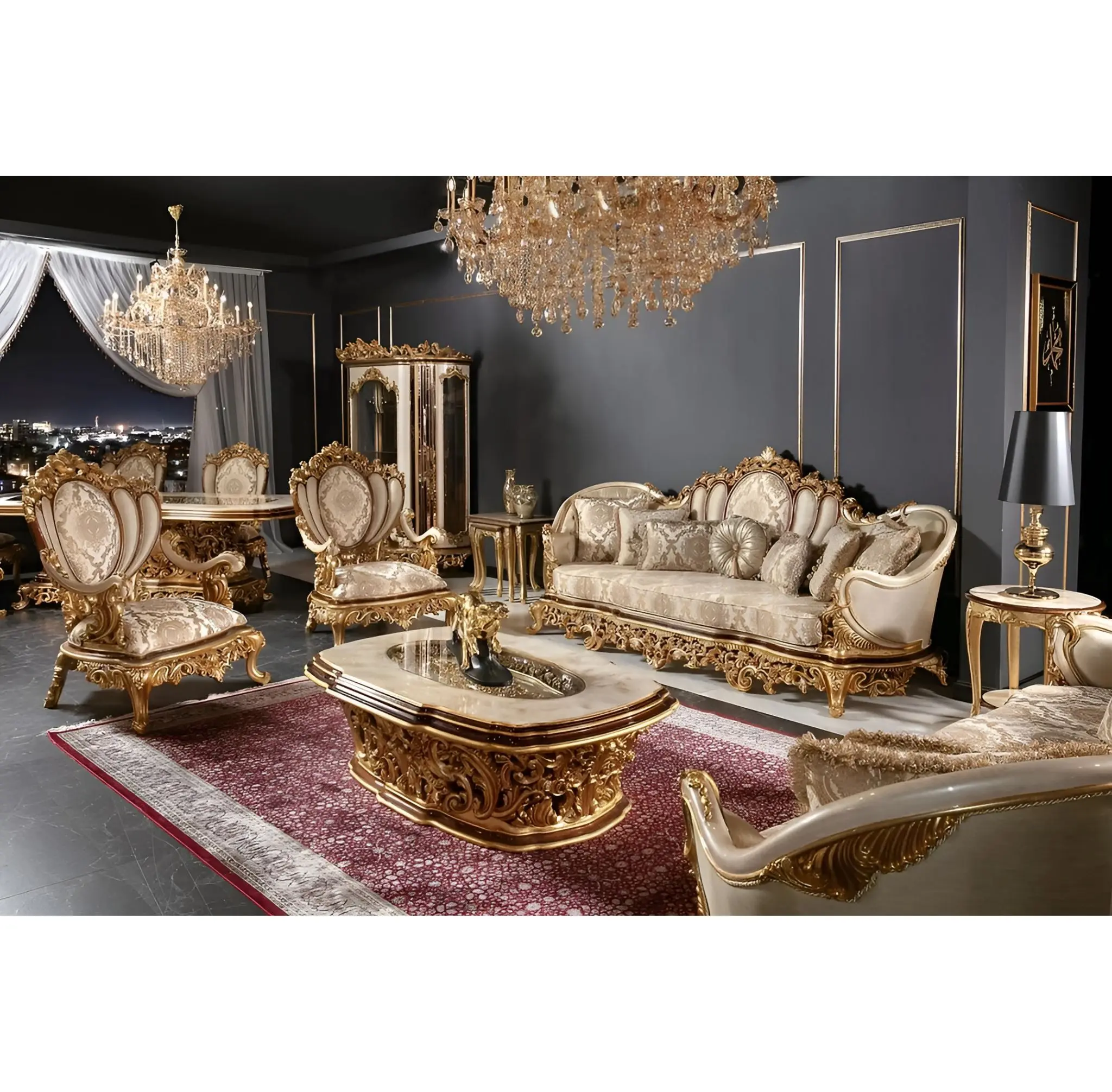 Luxury Midcentury Modern Mahogany Wood Royal Sofa Set Fabric Upholstery Hand Carved Eco-Friendly Durable Living Room Furniture