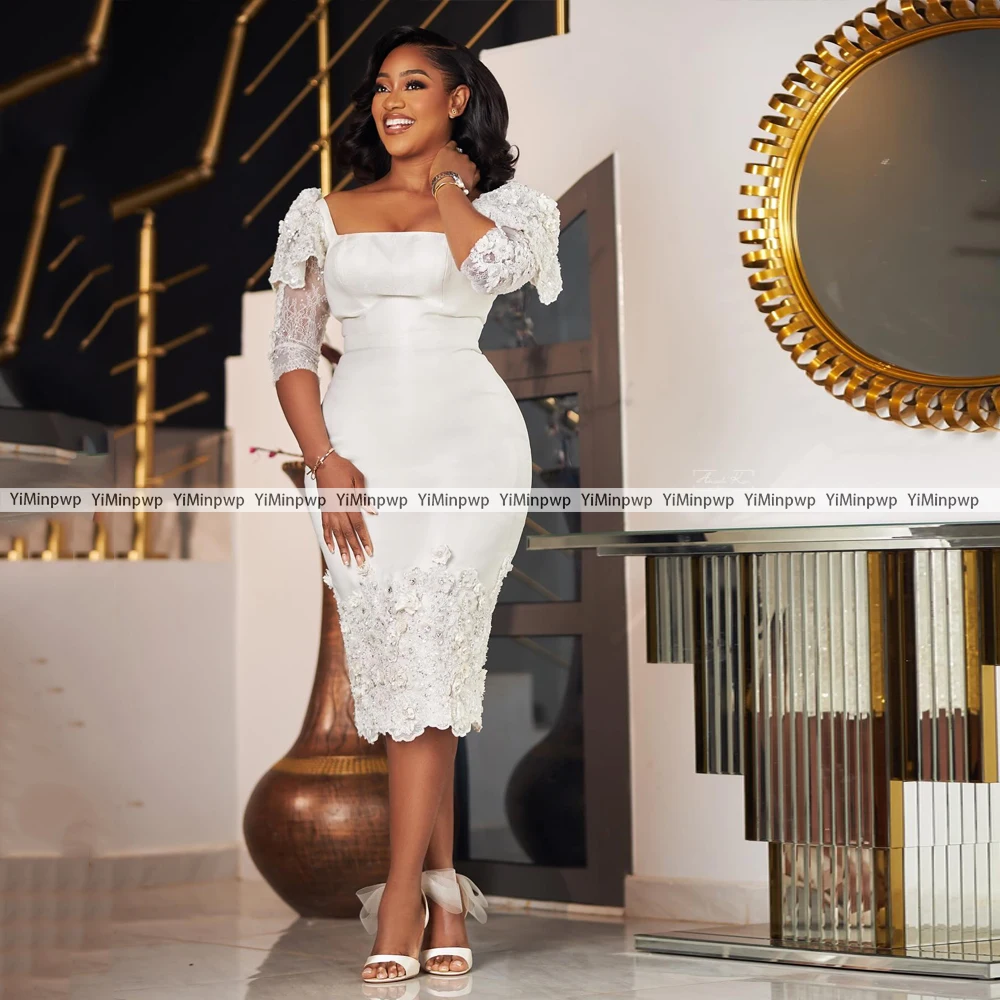 Flowers Lace Midi Wedding Dresses Mermaid Square Collar Satin Applique Ivory Bride Gowns For African Women Tea-Length Customized