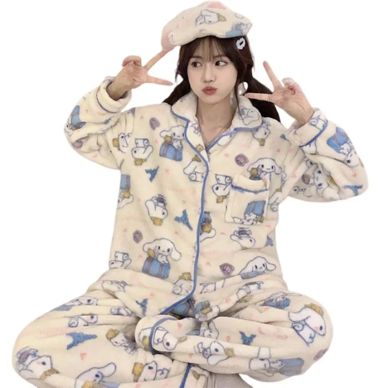 

Miniso My Melody Kuromi Cinnamoroll Kawaii Coral Velvet Pajamas Thick Long Sleeves and Trousers Winter Pajamas Gifts
